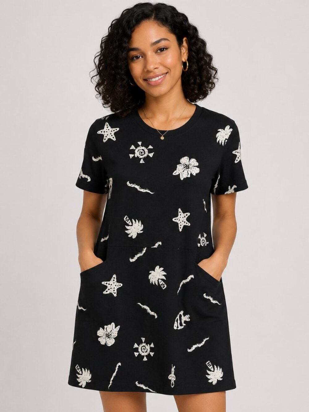 Red Ginger Black Short Sleeve Tunic Dress with White Tropical Beach Prints XL